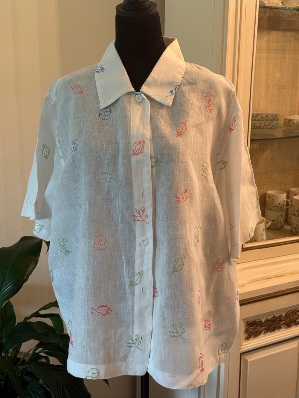 White Embroidered Linen Button-Front Shirt